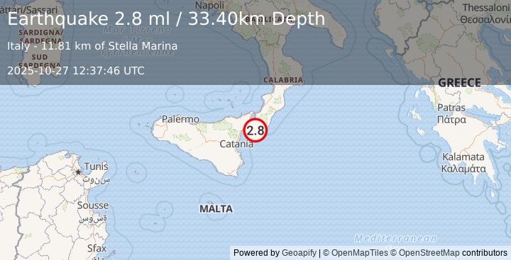 Earthquake SICILY, ITALY (2.8 ml) (2025-10-27 12:37:46 UTC)