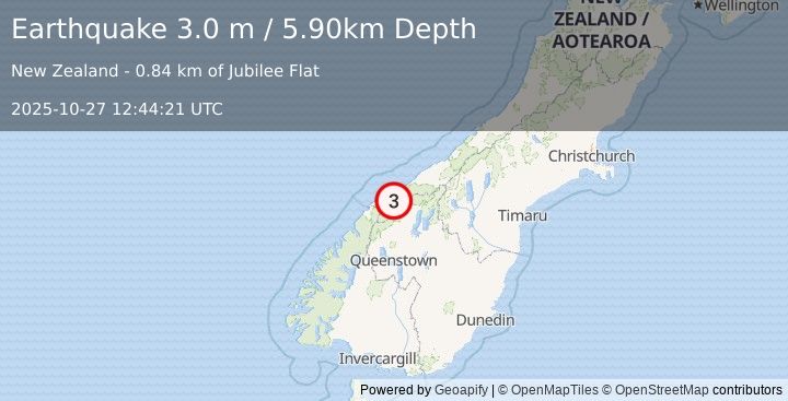 Earthquake SOUTH ISLAND OF NEW ZEALAND (3.0 m) (2025-10-27 12:44:21 UTC)