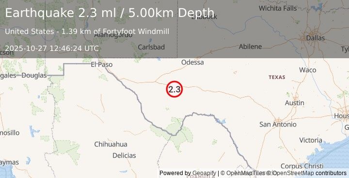 Earthquake WESTERN TEXAS (2.3 ml) (2025-10-27 12:46:24 UTC)