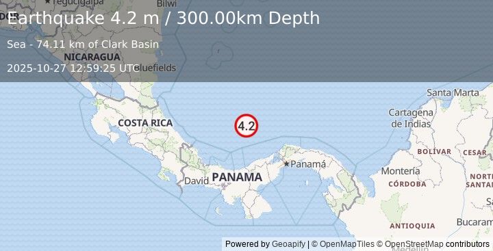Earthquake NORTH OF PANAMA (4.2 m) (2025-10-27 12:59:25 UTC)
