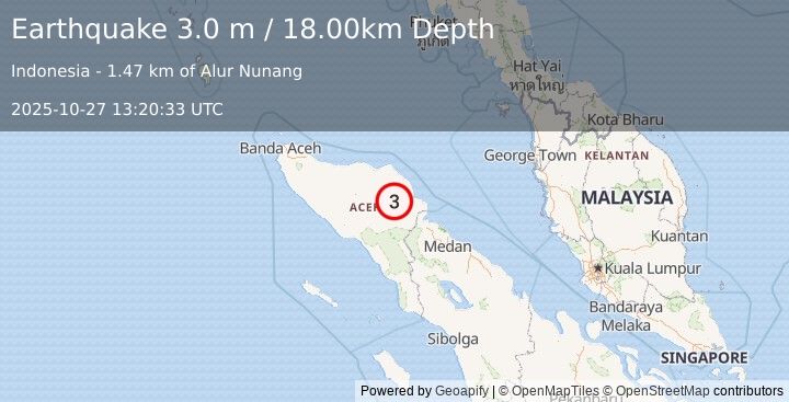 Earthquake NORTHERN SUMATRA, INDONESIA (3.0 m) (2025-10-27 13:20:33 UTC)