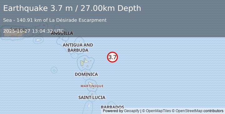 Earthquake EAST OF GUADELOUPE, LEEWARD ISL. (3.7 m) (2025-10-27 13:04:32 UTC)