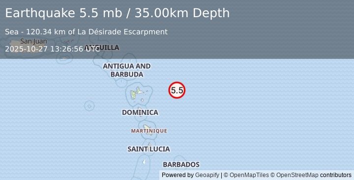 Earthquake EAST OF GUADELOUPE, LEEWARD ISL. (5.4 mw) (2025-10-27 13:26:52 UTC)