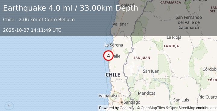 Earthquake COQUIMBO, CHILE (3.9 ml) (2025-10-27 14:11:47 UTC)