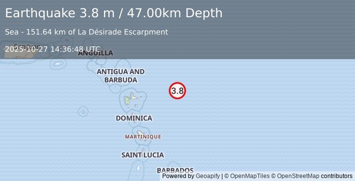 Earthquake EAST OF GUADELOUPE, LEEWARD ISL. (3.8 m) (2025-10-27 14:36:48 UTC)