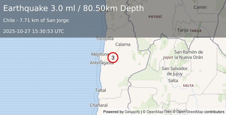Earthquake ANTOFAGASTA, CHILE (3.0 ml) (2025-10-27 15:30:53 UTC)