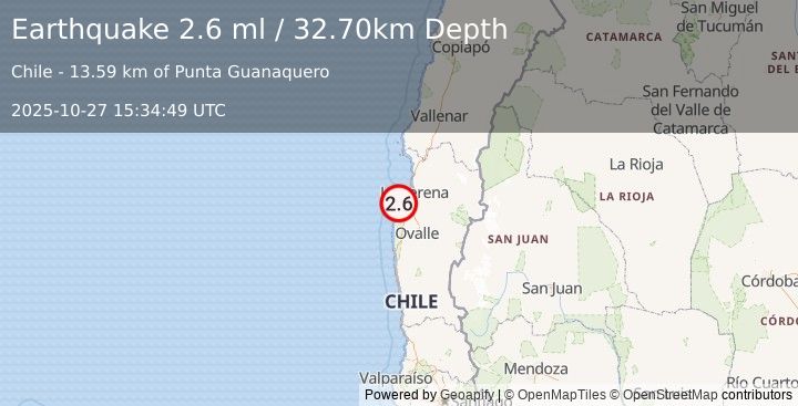 Earthquake OFFSHORE COQUIMBO, CHILE (2.6 ml) (2025-10-27 15:34:49 UTC)