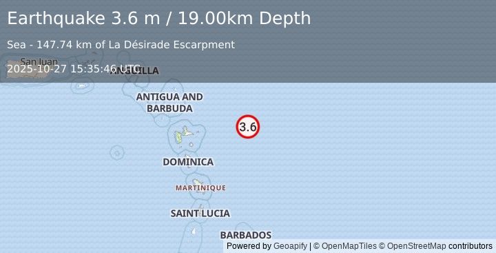 Earthquake EAST OF GUADELOUPE, LEEWARD ISL. (3.6 m) (2025-10-27 15:35:46 UTC)