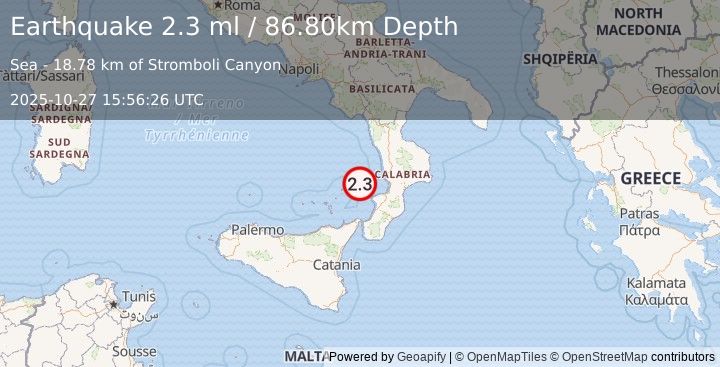 Earthquake SICILY, ITALY (2.3 ml) (2025-10-27 15:56:26 UTC)