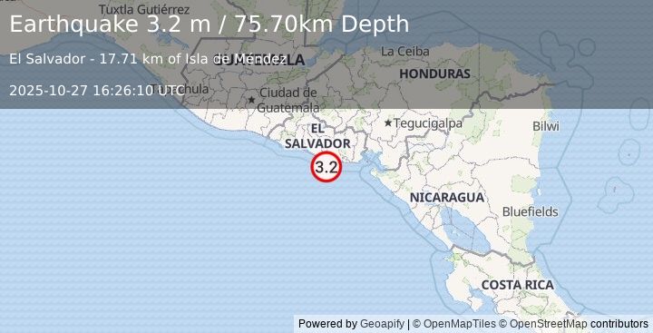 Earthquake OFFSHORE EL SALVADOR (3.2 m) (2025-10-27 16:26:10 UTC)