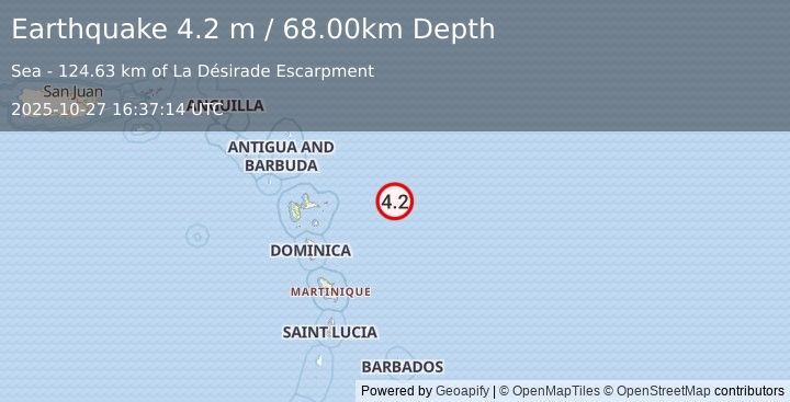 Earthquake EAST OF GUADELOUPE, LEEWARD ISL. (4.2 m) (2025-10-27 16:37:14 UTC)