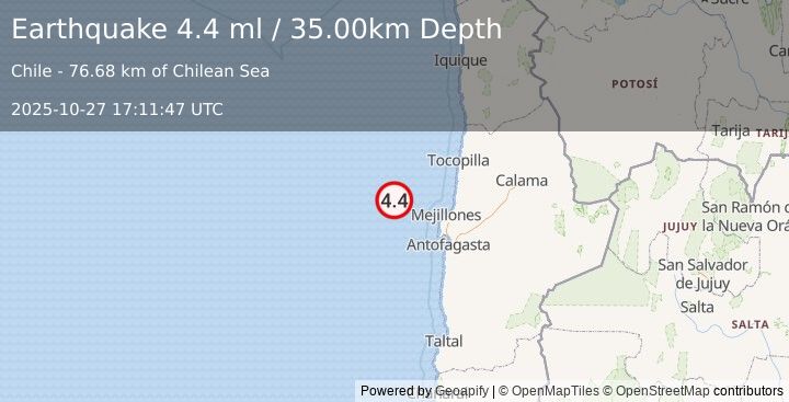 Earthquake OFF COAST OF ANTOFAGASTA, CHILE (4.2 mw) (2025-10-27 17:11:44 UTC)
