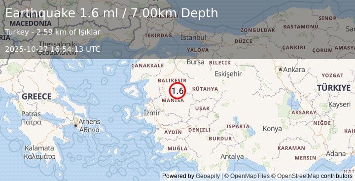 Earthquake WESTERN TURKEY (1.6 ml) (2025-10-27 16:54:13 UTC)