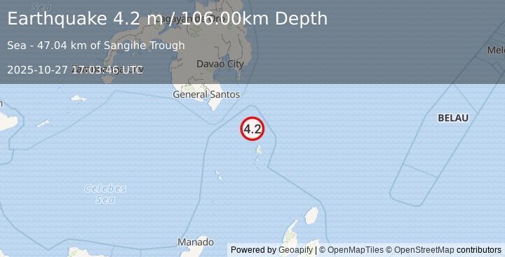 Earthquake MINDANAO, PHILIPPINES (4.2 m) (2025-10-27 17:03:46 UTC)