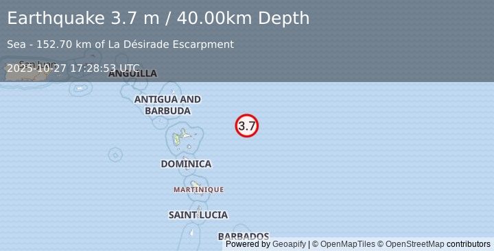 Earthquake EAST OF GUADELOUPE, LEEWARD ISL. (3.7 m) (2025-10-27 17:28:53 UTC)