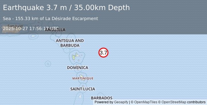 Earthquake EAST OF GUADELOUPE, LEEWARD ISL. (3.7 m) (2025-10-27 17:56:17 UTC)