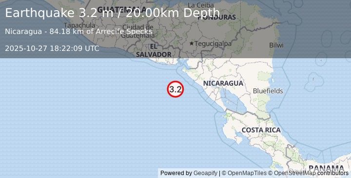 Earthquake NEAR COAST OF NICARAGUA (3.2 m) (2025-10-27 18:22:09 UTC)