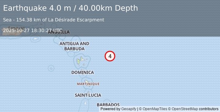 Earthquake EAST OF GUADELOUPE, LEEWARD ISL. (4.0 m) (2025-10-27 18:30:27 UTC)