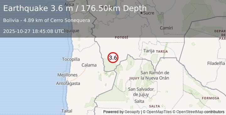 Earthquake POTOSI, BOLIVIA (3.6 m) (2025-10-27 18:45:08 UTC)