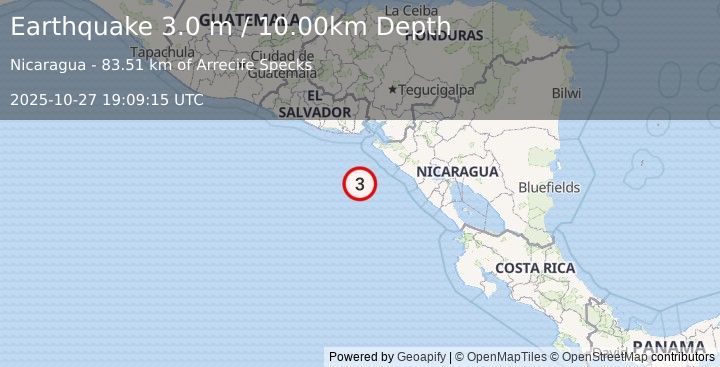 Earthquake NEAR COAST OF NICARAGUA (3.0 m) (2025-10-27 19:09:15 UTC)