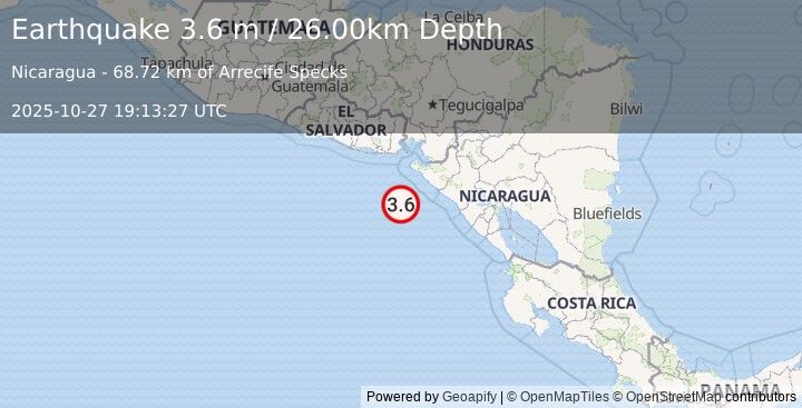 Earthquake NEAR COAST OF NICARAGUA (3.6 m) (2025-10-27 19:13:27 UTC)