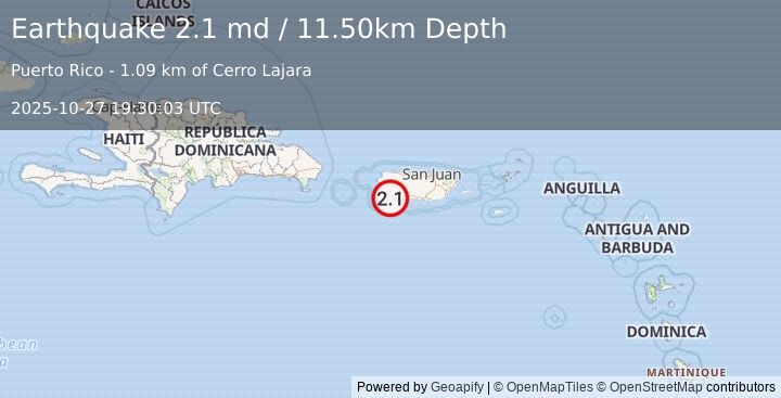 Earthquake PUERTO RICO (2.1 md) (2025-10-27 19:30:03 UTC)