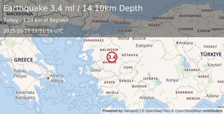 Earthquake WESTERN TURKEY (3.4 ml) (2025-10-27 19:51:59 UTC)