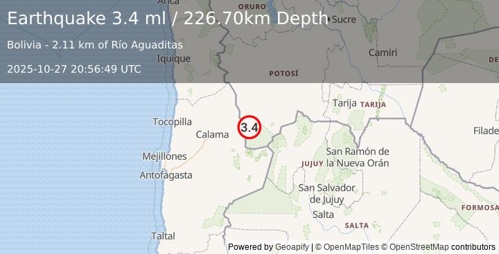 Earthquake POTOSI, BOLIVIA (3.4 ml) (2025-10-27 20:56:49 UTC)