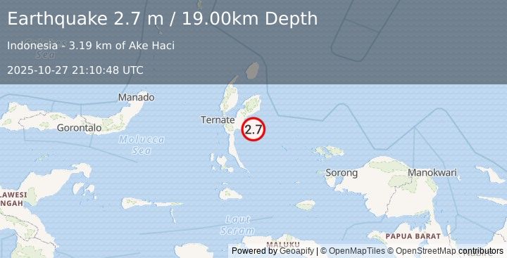 Earthquake HALMAHERA, INDONESIA (2.7 m) (2025-10-27 21:10:48 UTC)