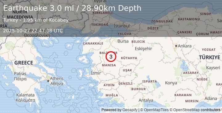 Earthquake WESTERN TURKEY (2.3 ml) (2025-10-27 22:47:54 UTC)