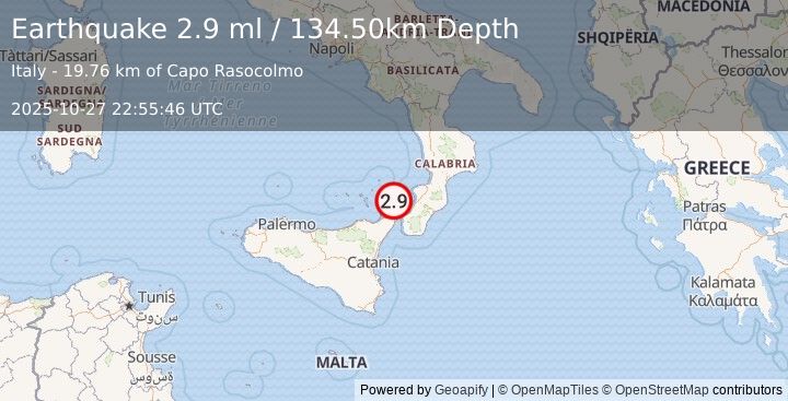 Earthquake SICILY, ITALY (2.9 ml) (2025-10-27 22:55:46 UTC)