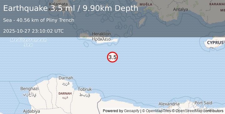 Earthquake CRETE, GREECE (3.5 ml) (2025-10-27 23:10:02 UTC)