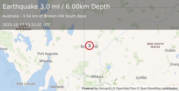 Earthquake NEW SOUTH WALES, AUSTRALIA (3.0 ml) (2025-10-27 23:21:07 UTC)