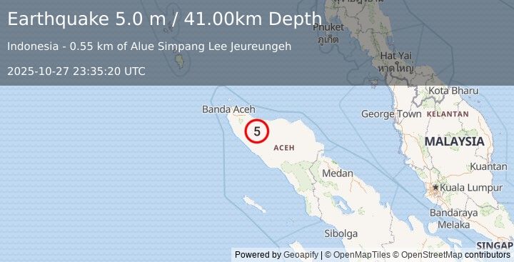Earthquake NORTHERN SUMATRA, INDONESIA (5.0 m) (2025-10-27 23:35:18 UTC)