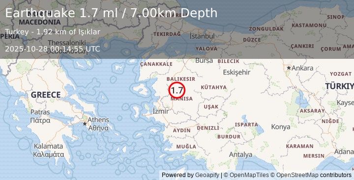 Earthquake WESTERN TURKEY (1.7 ml) (2025-10-28 00:14:55 UTC)