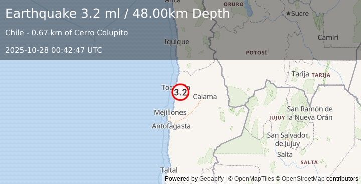 Earthquake ANTOFAGASTA, CHILE (3.2 ml) (2025-10-28 00:42:47 UTC)