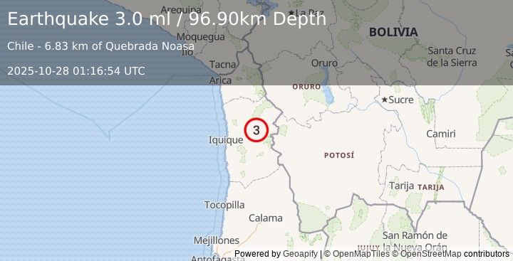 Earthquake TARAPACA, CHILE (3.0 ml) (2025-10-28 01:16:54 UTC)