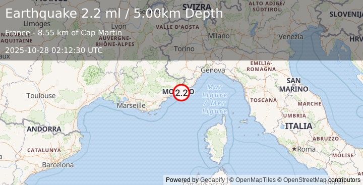 Earthquake NEAR SOUTH COAST OF FRANCE (2.2 ml) (2025-10-28 02:12:30 UTC)