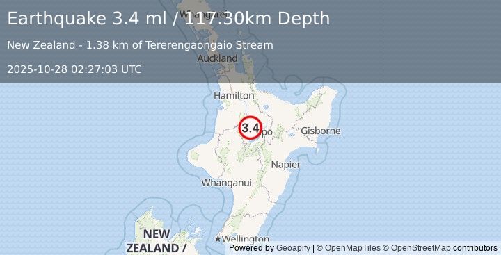 Earthquake NORTH ISLAND OF NEW ZEALAND (3.4 ml) (2025-10-28 02:27:03 UTC)