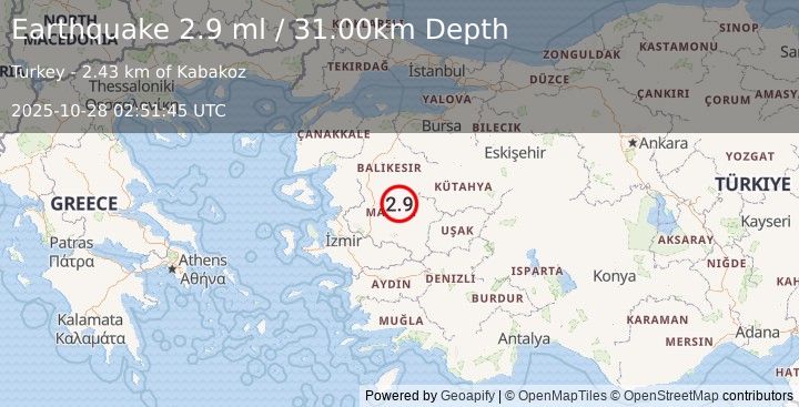 Earthquake WESTERN TURKEY (2.7 ml) (2025-10-28 02:51:46 UTC)