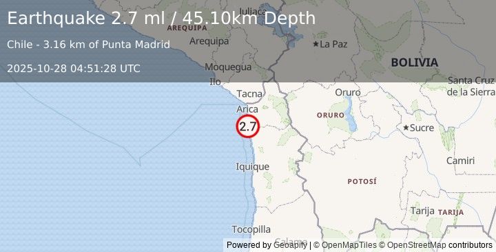 Earthquake OFFSHORE TARAPACA, CHILE (2.7 ml) (2025-10-28 04:51:28 UTC)