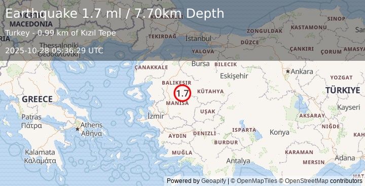 Earthquake WESTERN TURKEY (1.7 ml) (2025-10-28 05:36:29 UTC)