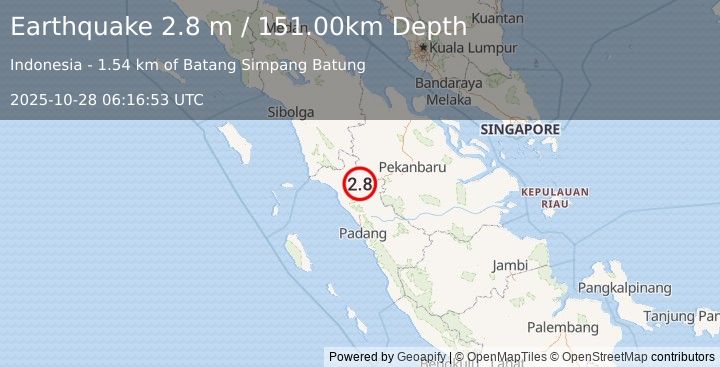 Earthquake NORTHERN SUMATRA, INDONESIA (2.8 m) (2025-10-28 06:16:53 UTC)
