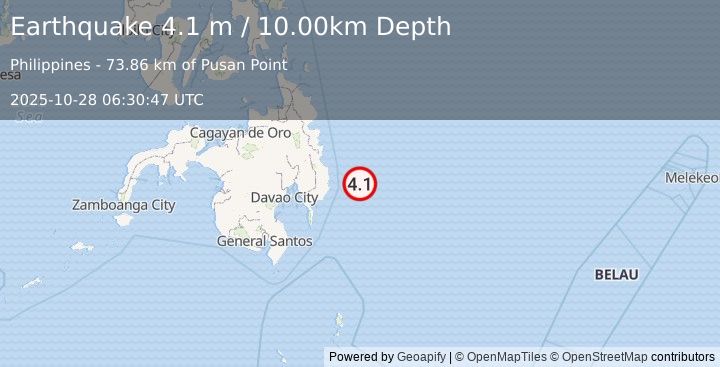 Earthquake PHILIPPINE ISLANDS REGION (4.1 m) (2025-10-28 06:30:47 UTC)