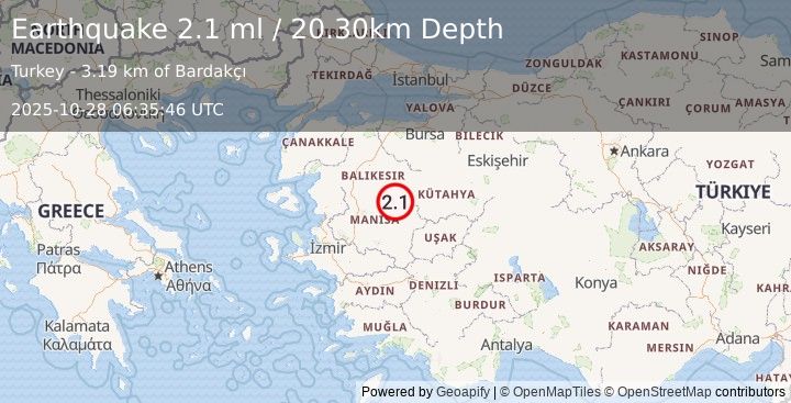 Earthquake WESTERN TURKEY (1.9 ml) (2025-10-28 06:34:58 UTC)