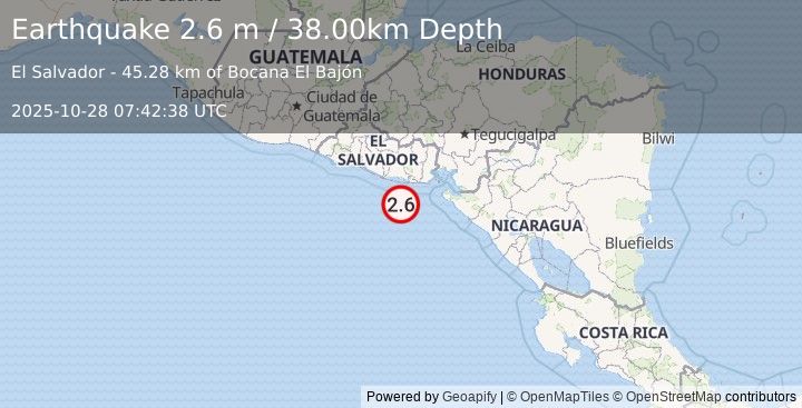 Earthquake OFFSHORE EL SALVADOR (2.6 m) (2025-10-28 07:42:38 UTC)