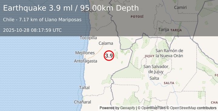 Earthquake ANTOFAGASTA, CHILE (3.8 ml) (2025-10-28 08:17:58 UTC)