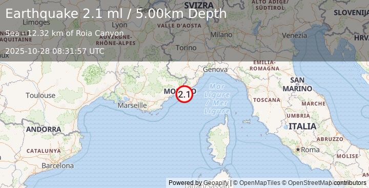 Earthquake NEAR SOUTH COAST OF FRANCE (2.1 ml) (2025-10-28 08:31:57 UTC)