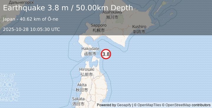 Earthquake HOKKAIDO, JAPAN REGION (3.8 m) (2025-10-28 10:05:30 UTC)