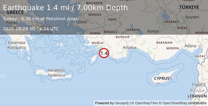 Earthquake DODECANESE IS.-TURKEY BORDER REG (1.4 ml) (2025-10-28 10:14:24 UTC)